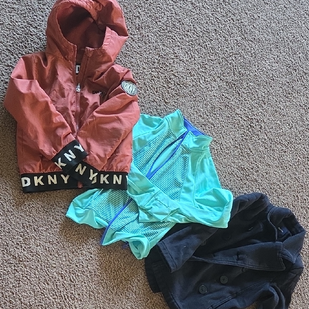 DKNY Rust Jacket with Turquoise Top and Black Pea Coat